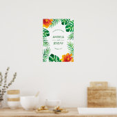 Oranje Hibiscus en Tropische bladeren bruiloft Poster (Keuken)