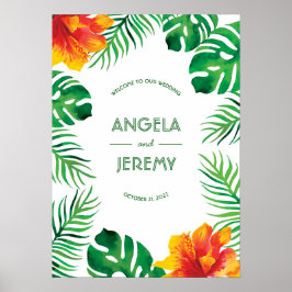Oranje Hibiscus en Tropische bladeren bruiloft Poster