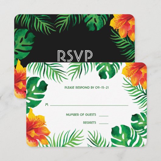 Oranje Hibiscus en Tropische bladeren bruiloft RSVP Kaartje (Voorkant / Achterkant)