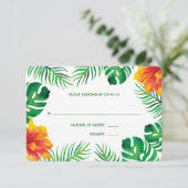 Oranje Hibiscus en Tropische bladeren bruiloft RSVP Kaartje (Staand voorkant)