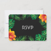 Oranje Hibiscus en Tropische bladeren bruiloft RSVP Kaartje (Achterkant)