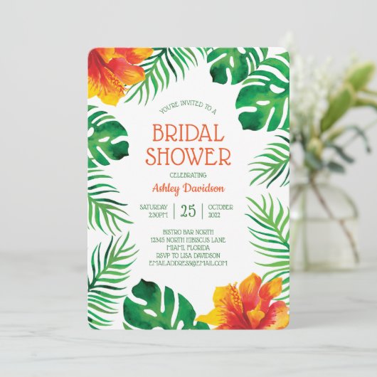 Oranje Hibiscus en Tropische bladeren Vrijgezellen Kaart (Staand voorkant)