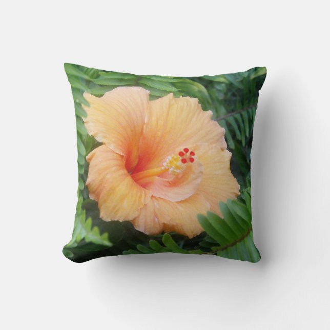 Oranje Hibiscus Flower met Ferns Kussen (Voorkant)