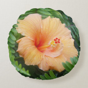 Oranje Hibiscus Flower met Ferns Rond Kussen