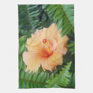 Oranje Hibiscus Flower met Ferns Theedoek