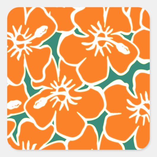 Oranje Hibiscus Flowers Tropisch Hawaiian Luau Vierkante Sticker (Voorkant)