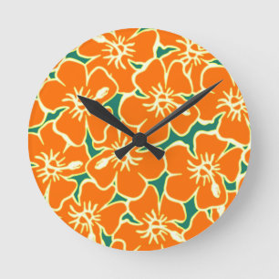Oranje Hibiscus Flowers Tropische Hawaiian Clock Ronde Klok