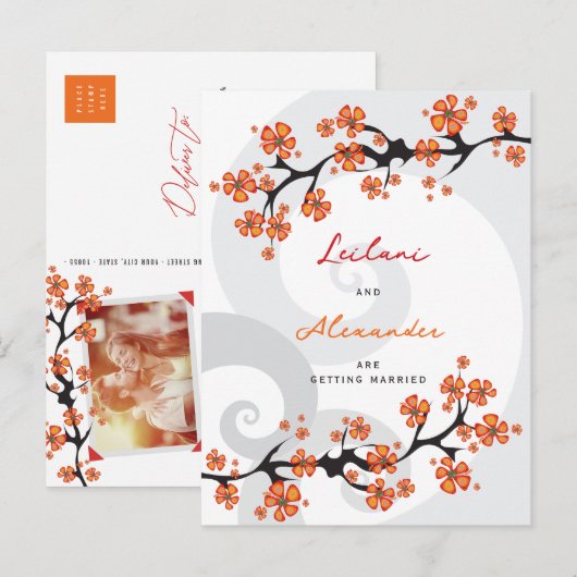 Oranje Hibiscus Grijze wervelingen Tropisch Save t Aankondigingskaart (Voorkant / Achterkant)