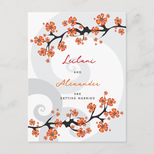 Oranje Hibiscus Grijze wervelingen Tropisch Save t Aankondigingskaart (Voorkant)