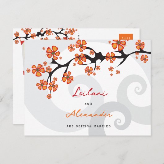 Oranje Hibiscus Grijze wervelingen Tropisch Save t Aankondigingskaart (Voorkant / Achterkant)