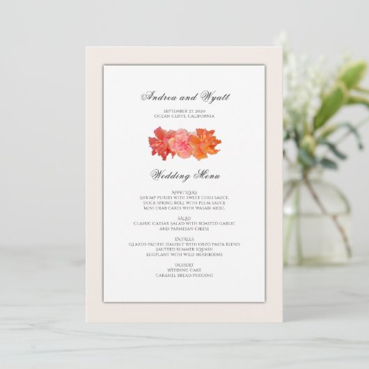 Oranje Hibiscus Hawaiian Wedding Menu Sjabloon (Staand voorkant)
