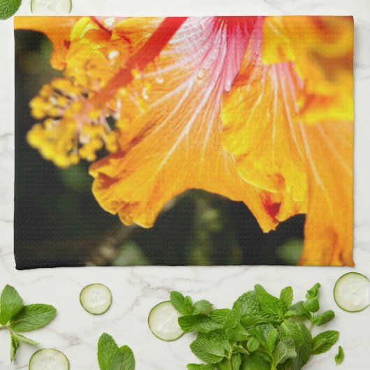 Oranje Hibiscus Side Uitzicht Theedoek (Gevouwen)