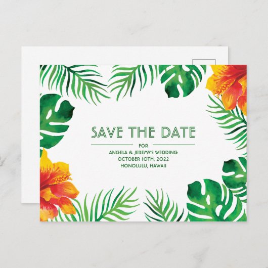 Oranje Hibiscus Tropical Save the Date Briefkaart (Voorkant / Achterkant)