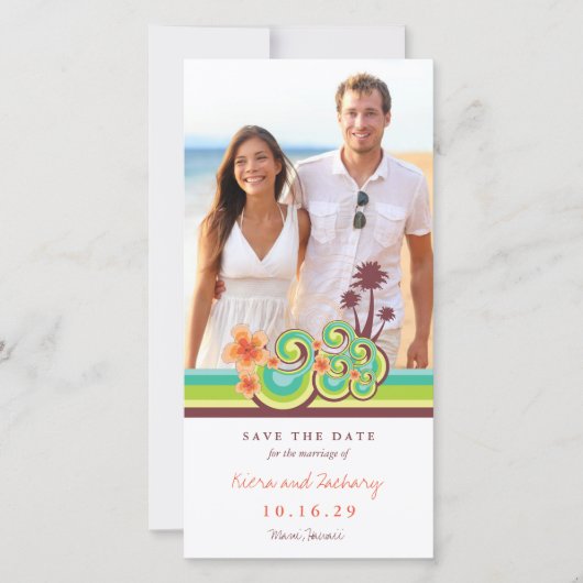 Oranje hibiscus tropische Blauwgroen golven strand Save The Date (Voorkant)