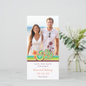 Oranje hibiscus tropische Blauwgroen golven strand Save The Date (Staand voorkant)