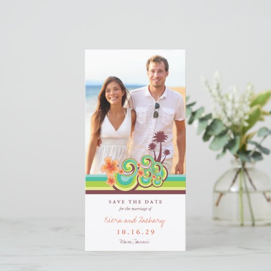 Oranje hibiscus tropische Blauwgroen golven strand Save The Date (Staand voorkant)