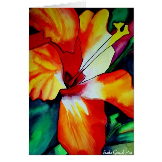 Oranje Hibiscus tropische bloem waterverf kunst (Voorkant)