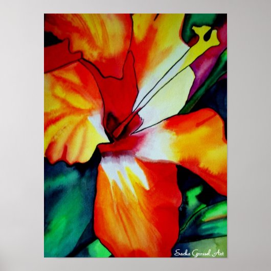 Oranje Hibiscus Tropische waterverf Poster (Voorkant)