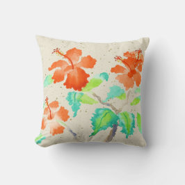 Oranje Hibiscus Waterverf Schilting Beige Washi Kussen