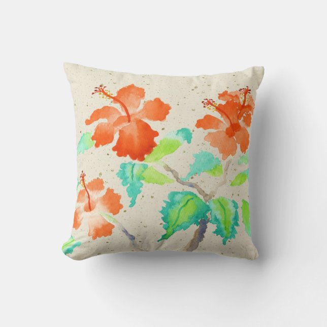 Oranje Hibiscus Waterverf Schilting Beige Washi Kussen (Voorkant)