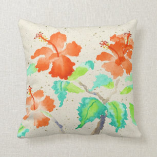 Oranje Hibiscus Waterverf Schilting Beige Washi Kussen