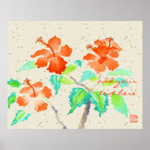 Oranje Hibiscus Waterverf Schilting Beige Washi Poster