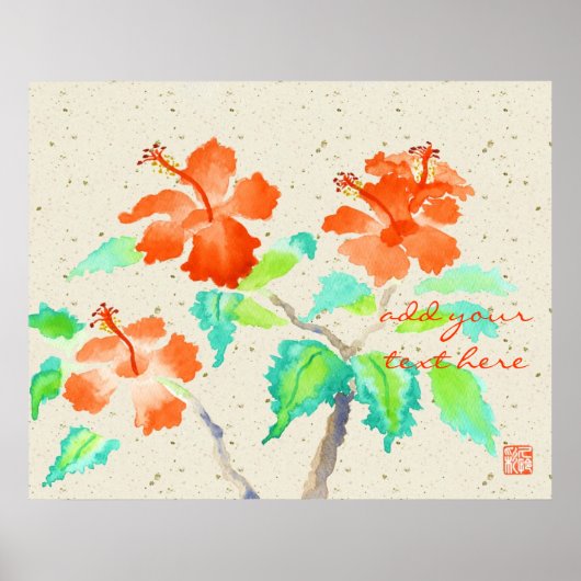 Oranje Hibiscus Waterverf Schilting Beige Washi Poster (Voorkant)