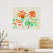 Oranje Hibiscus Waterverf Schilting Beige Washi Poster (Keuken)
