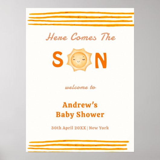 Oranje Hier Komt De Zoon Baby Shower Welkom  Poster (Voorkant)