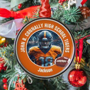 Oranje High School Football Speler Foto Kerst Metalen Ornament