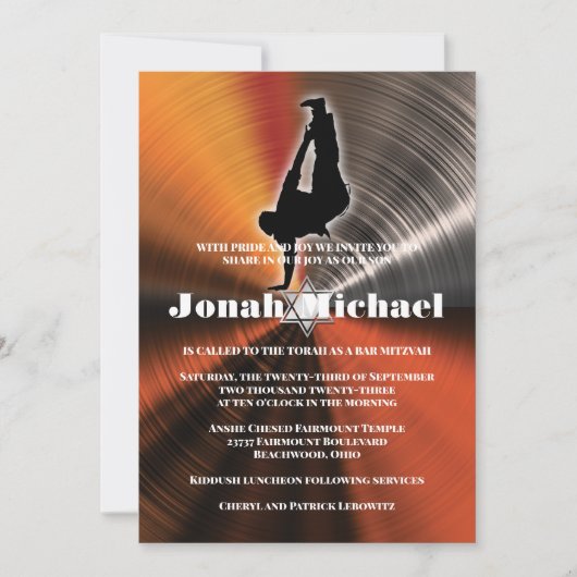 Oranje Hip-Hop Dans Bar Mitzvah Uitnodiging (Voorkant)