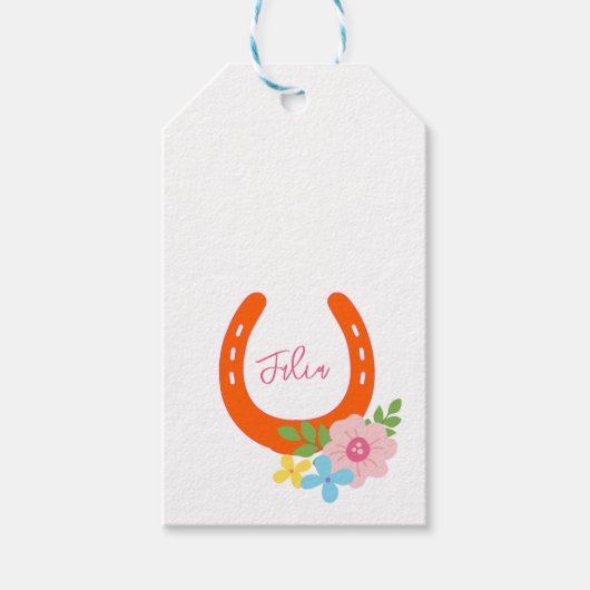 Oranje Hoefijzer Roze NAAM Bloemen Paardenstal Cadeaulabel (Voorkant)