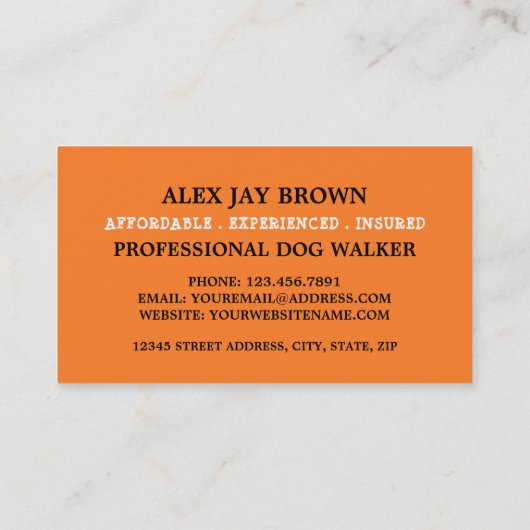 Oranje hond met Bone, Dog Walker Service Visitekaartje (Achterkant)