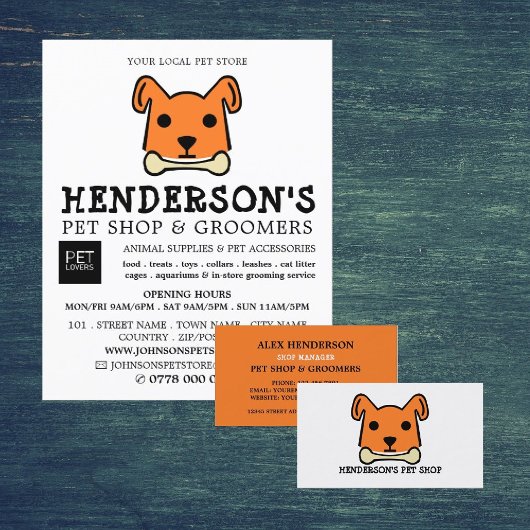 Oranje hond met bot, dierenwinkel & trimsalon flyer