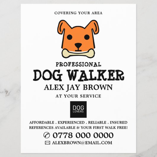 Oranje hond met bot, Dog Walker Adverteren Flyer (Voorkant)