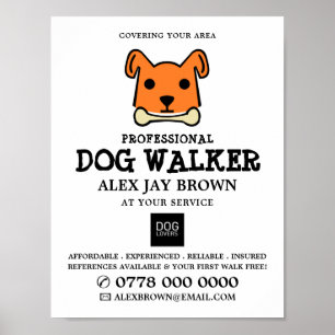 Oranje hond met bot, Dog Walker Adverteren Poster