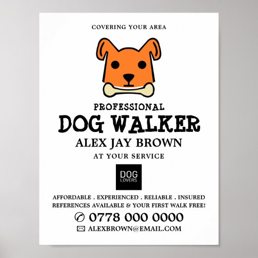 Oranje hond met bot, Dog Walker Adverteren Poster (Voorkant)