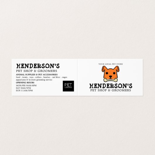 Oranje hond met bot, huisdierwinkel en grootmoeder visitekaartje (Buitenkant ongevouwen)