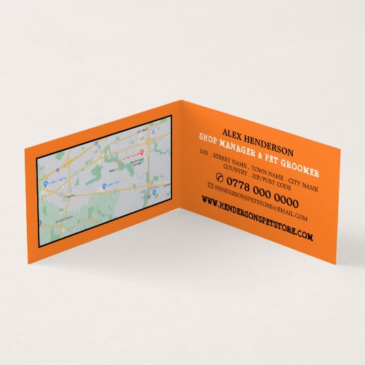 Oranje hond met bot, huisdierwinkel en grootmoeder visitekaartje (Binnen)