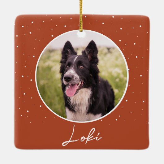 Oranje hondenfoto en naam kerst keramisch ornament (Achterkant)