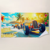 Oranje Hot Rods op het strand van Surven voor auto Strandlaken (Voorkant)