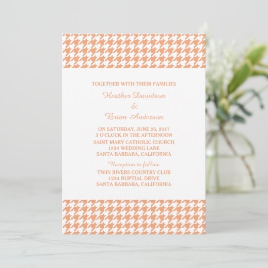 Oranje Houndstooth Wedding Invite Kaart (Staand voorkant)