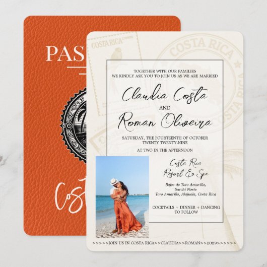 Oranje huwelijksuitnodiging Costa Rica Passport Kaart (Voorkant / Achterkant)