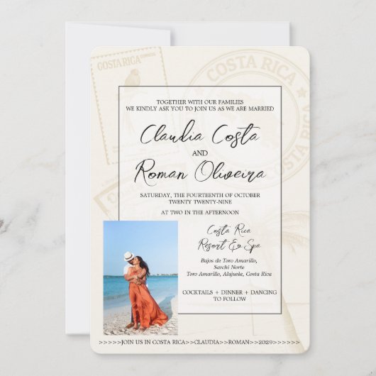 Oranje huwelijksuitnodiging Costa Rica Passport Kaart (Voorkant)