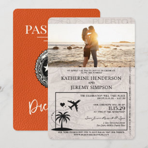 Oranje huwelijksuitnodiging Puerto Rico Passport Kaart