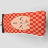 Oranje ingecheckt met monogram en nummer golfheadcover (Voorkant)