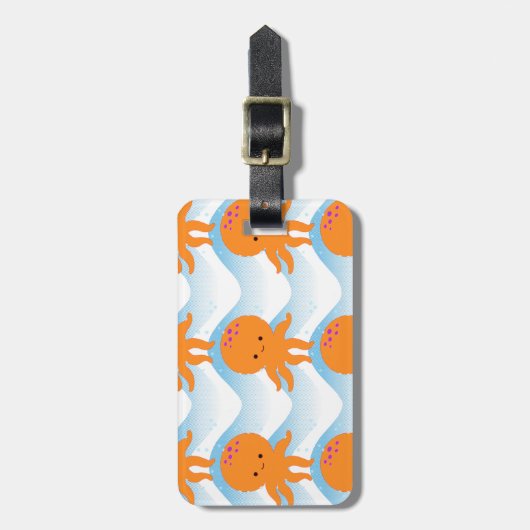 Oranje inktpatroon en blauw golven bagagelabel (Voorkant verticaal)