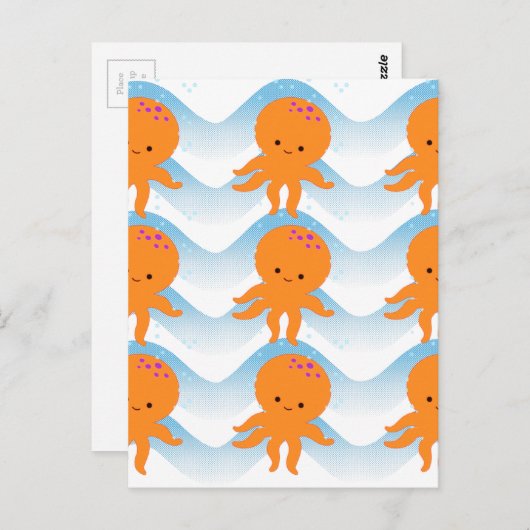 Oranje inktpatroon en blauw golven briefkaart (Voorkant / Achterkant)