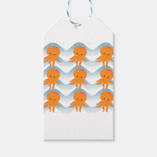 Oranje inktpatroon en blauw golven cadeaulabel