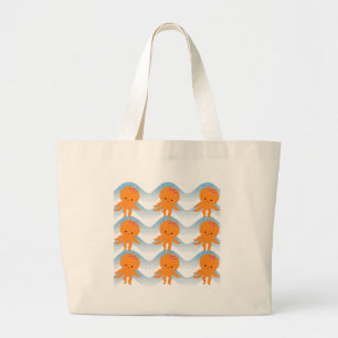 Oranje inktpatroon en blauw golven grote tote bag